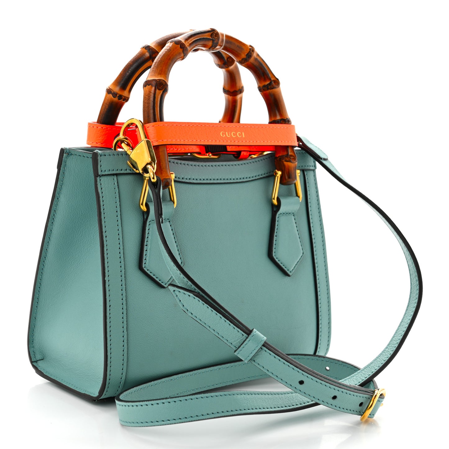 Textured Dollar Calfskin Web Mini Diana Tote Bag Dusty Azure Deep Orange