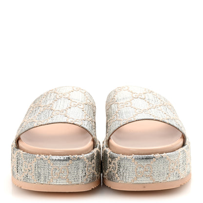 Gucci Lame Heritage GG Monogram Angelina Platform 55mm Slide Sandals 39 Silver Beige 3 of 10