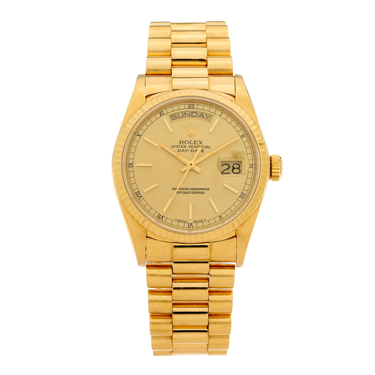 18K Yellow Gold 36mm Oyster Perpetual Day-Date President Watch Champagne 18038