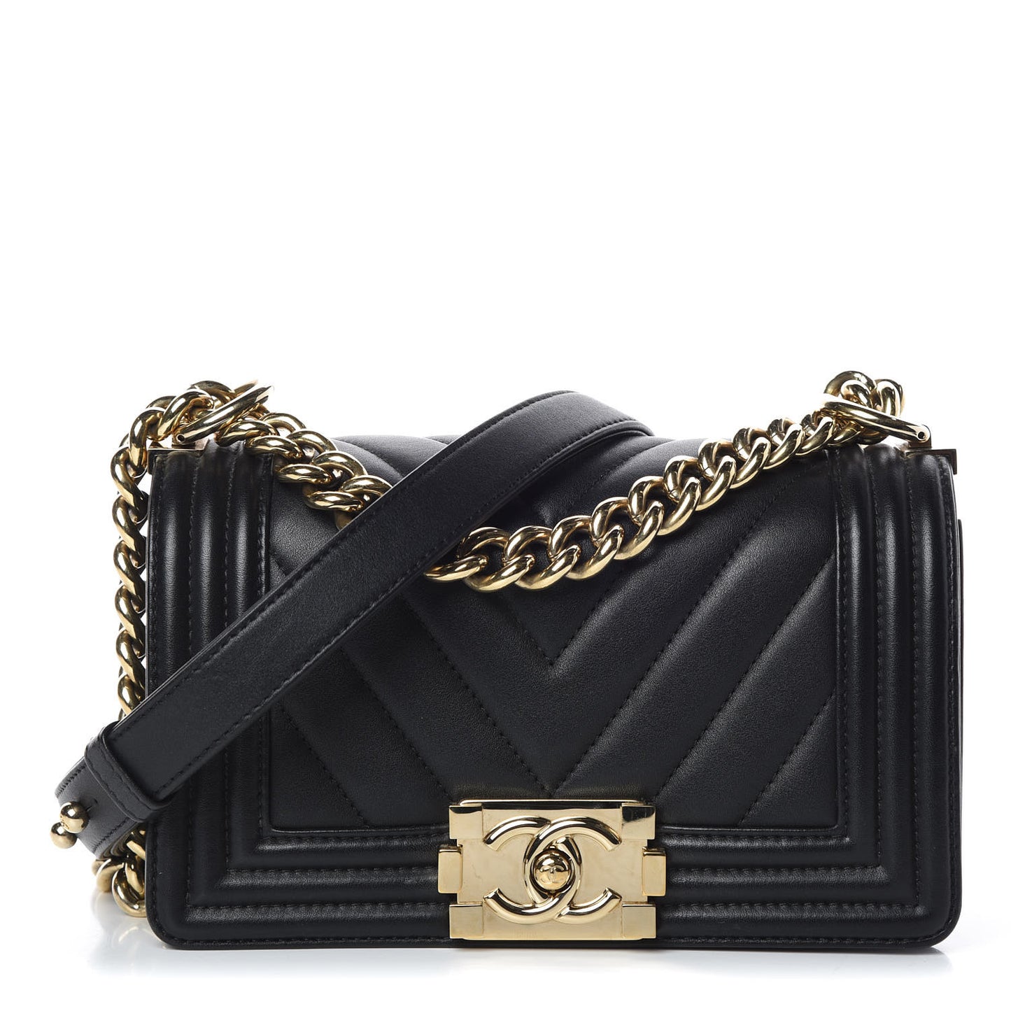 Calfskin Chevron Quilted Small Boy Flap Black