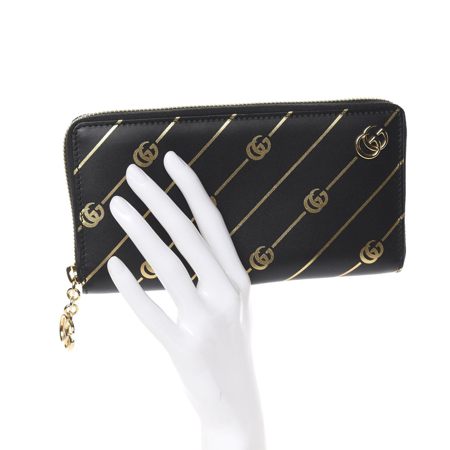 Moon Calfskin Diagonal GG Zip Around Wallet Black Gold