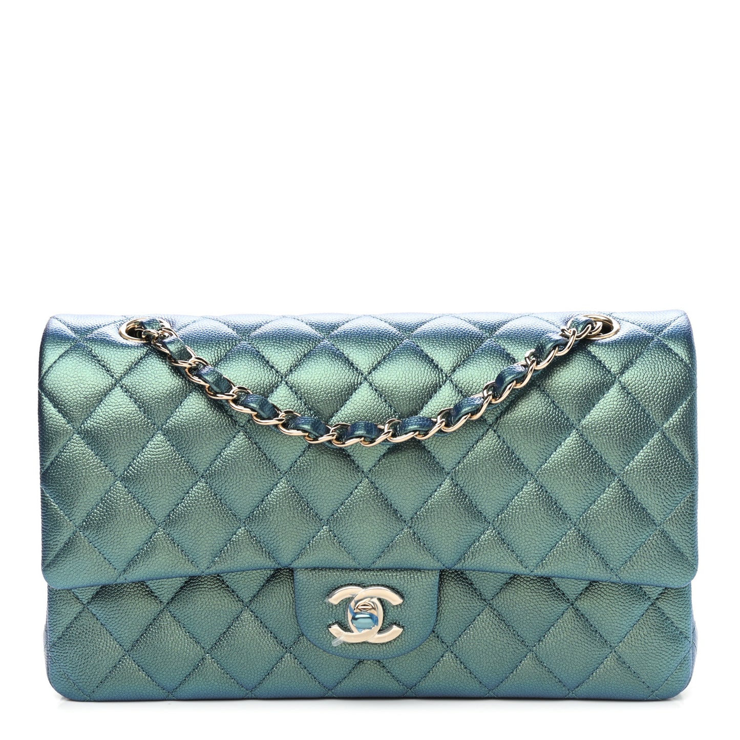 Iridescent Caviar Quilted Medium Double Flap Green