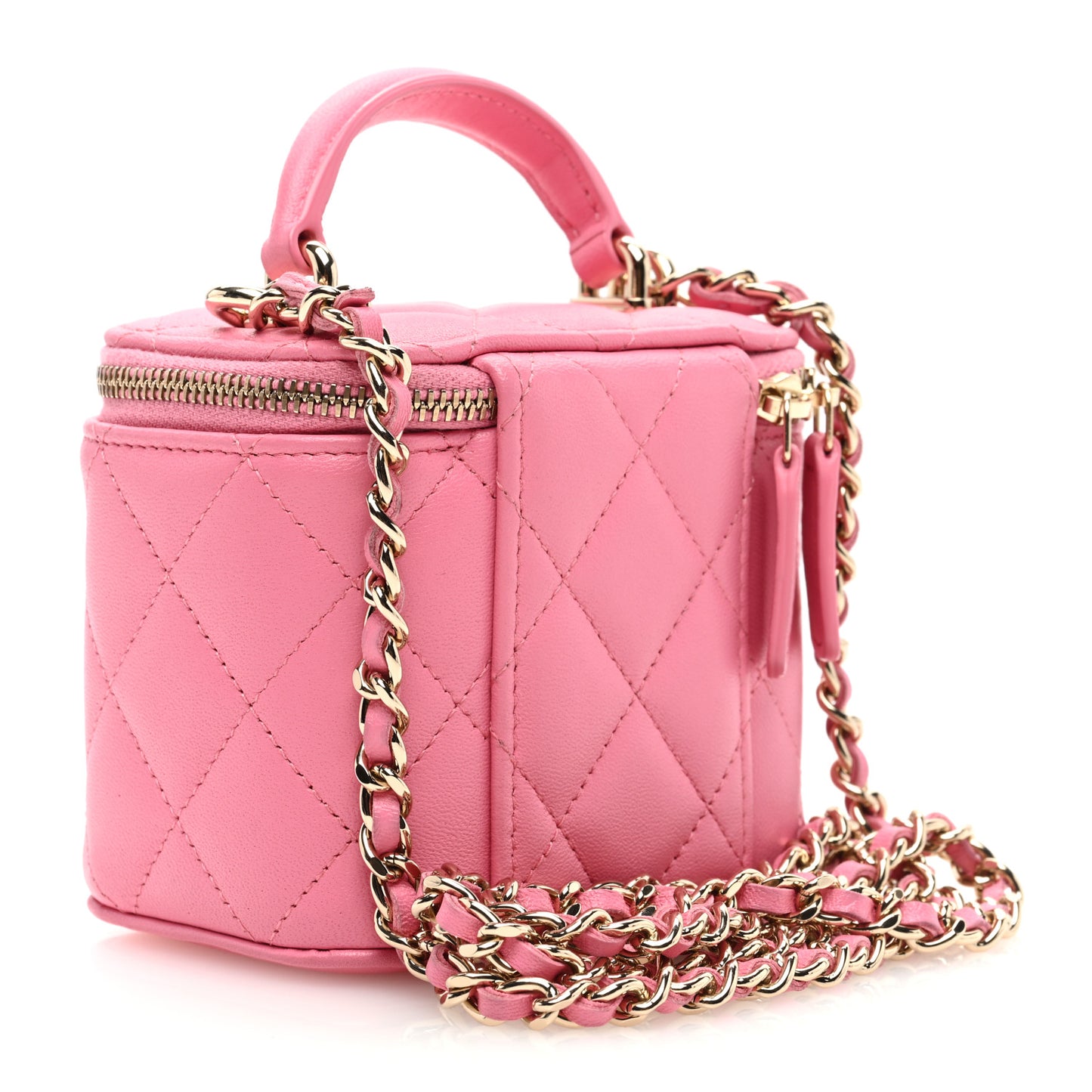 Lambskin Quilted Top Handle Mini Vanity Case With Chain Pink