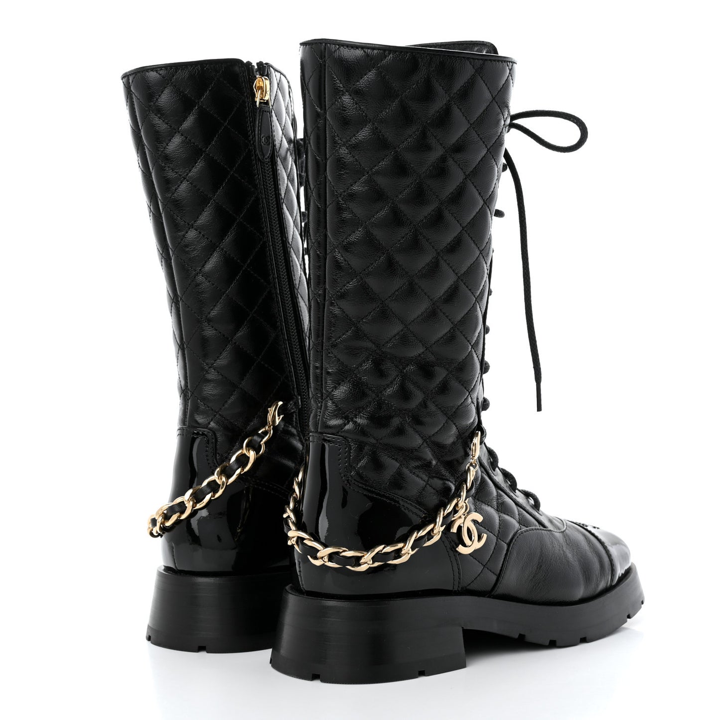 Shiny Calfskin Patent Quilted Chain Lace Up Combat Long Boots 37 Black