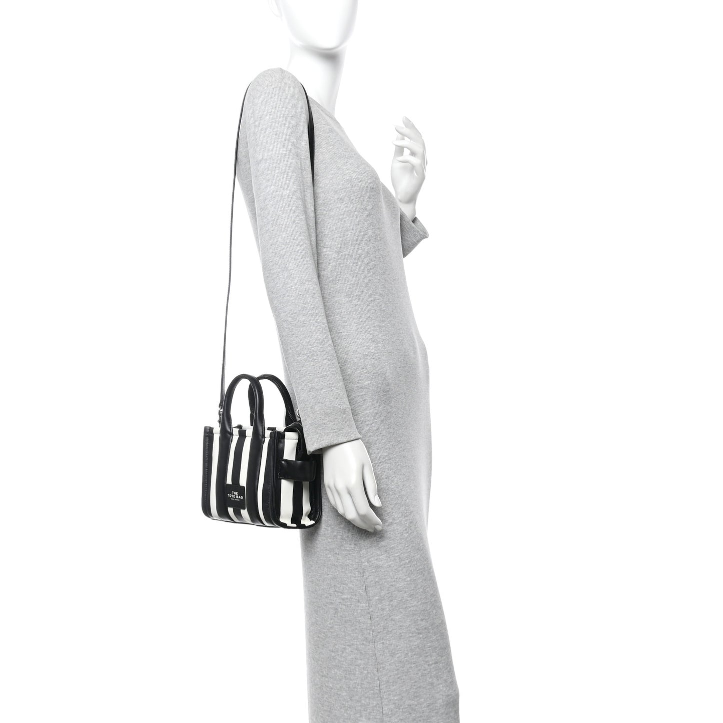 Calfskin Striped Mini The Traveler Tote Bag Black White