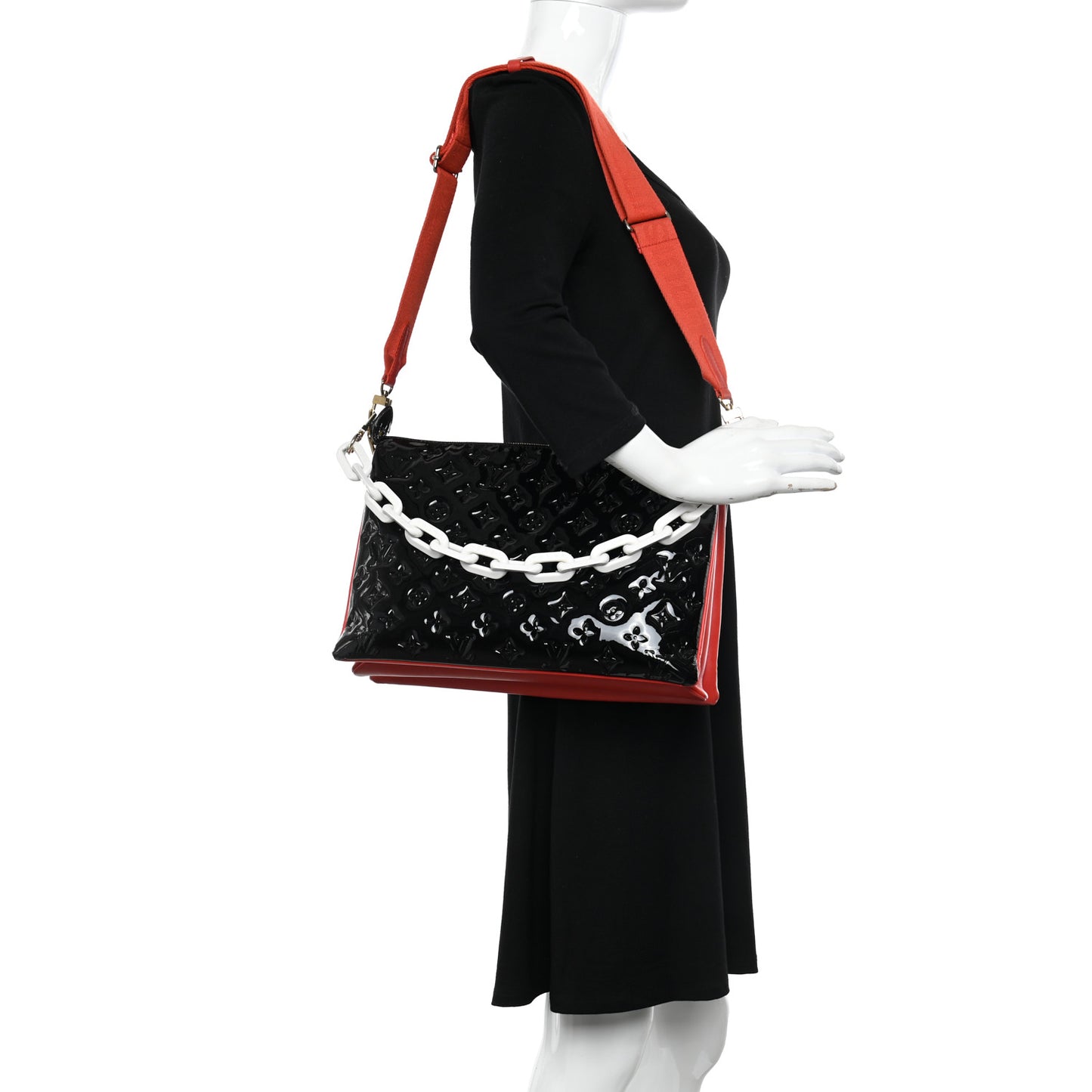 Patent Embossed Monogram Lambskin Coussin MM Black Red