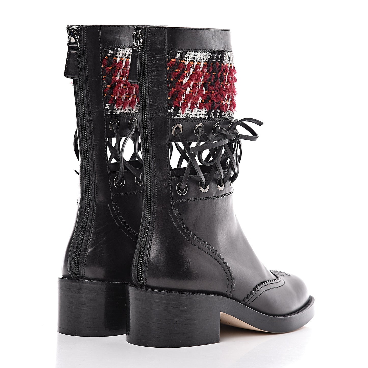 Tweed Calfskin Lace Up Short Boots 37 Black White Burgundy