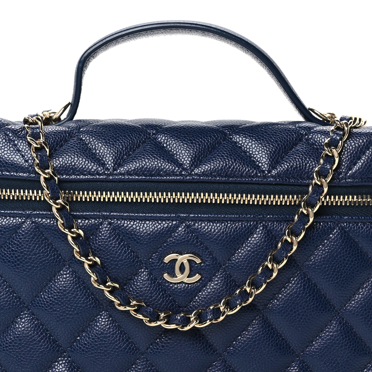 Caviar Quilted Top Handle Slim Vanity With Chain Navy