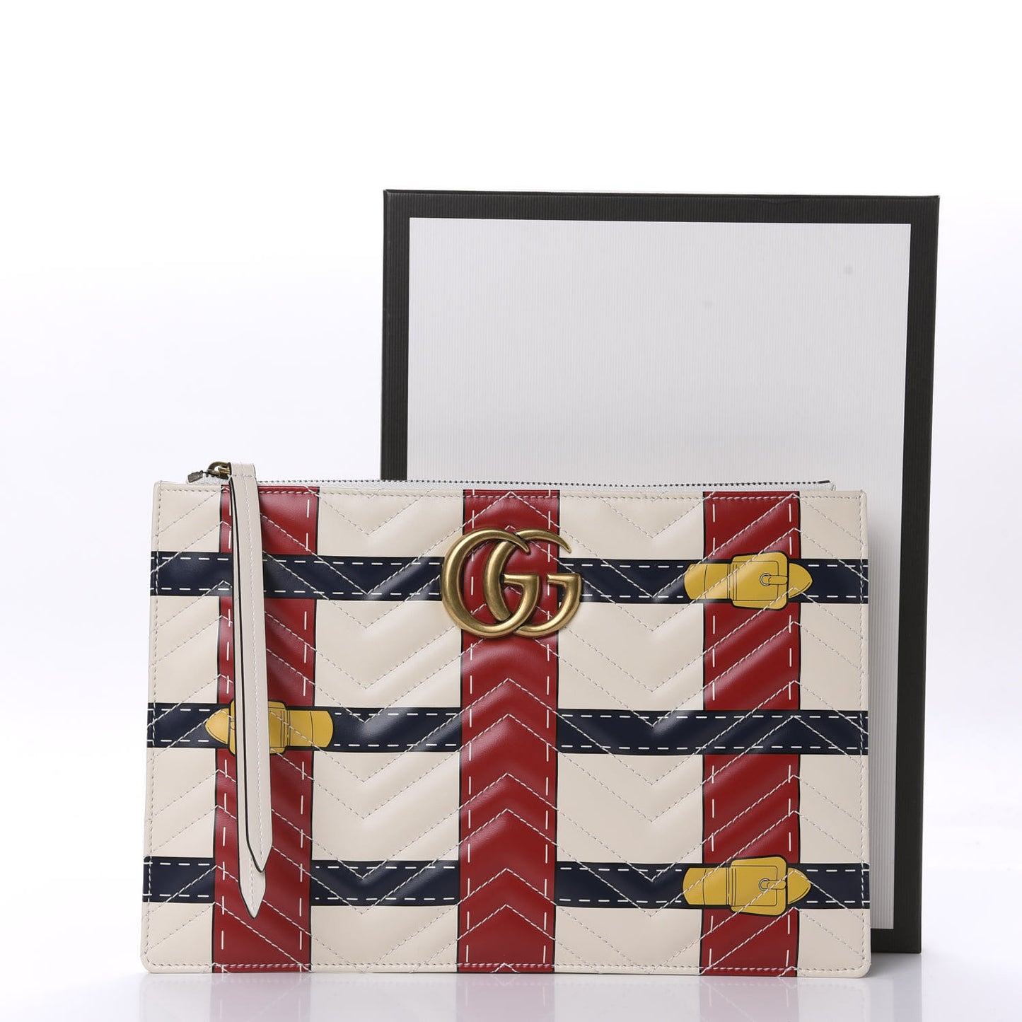 Calfskin Matelasse Trompe L'Oeil Print GG Marmont Zip Pouch White