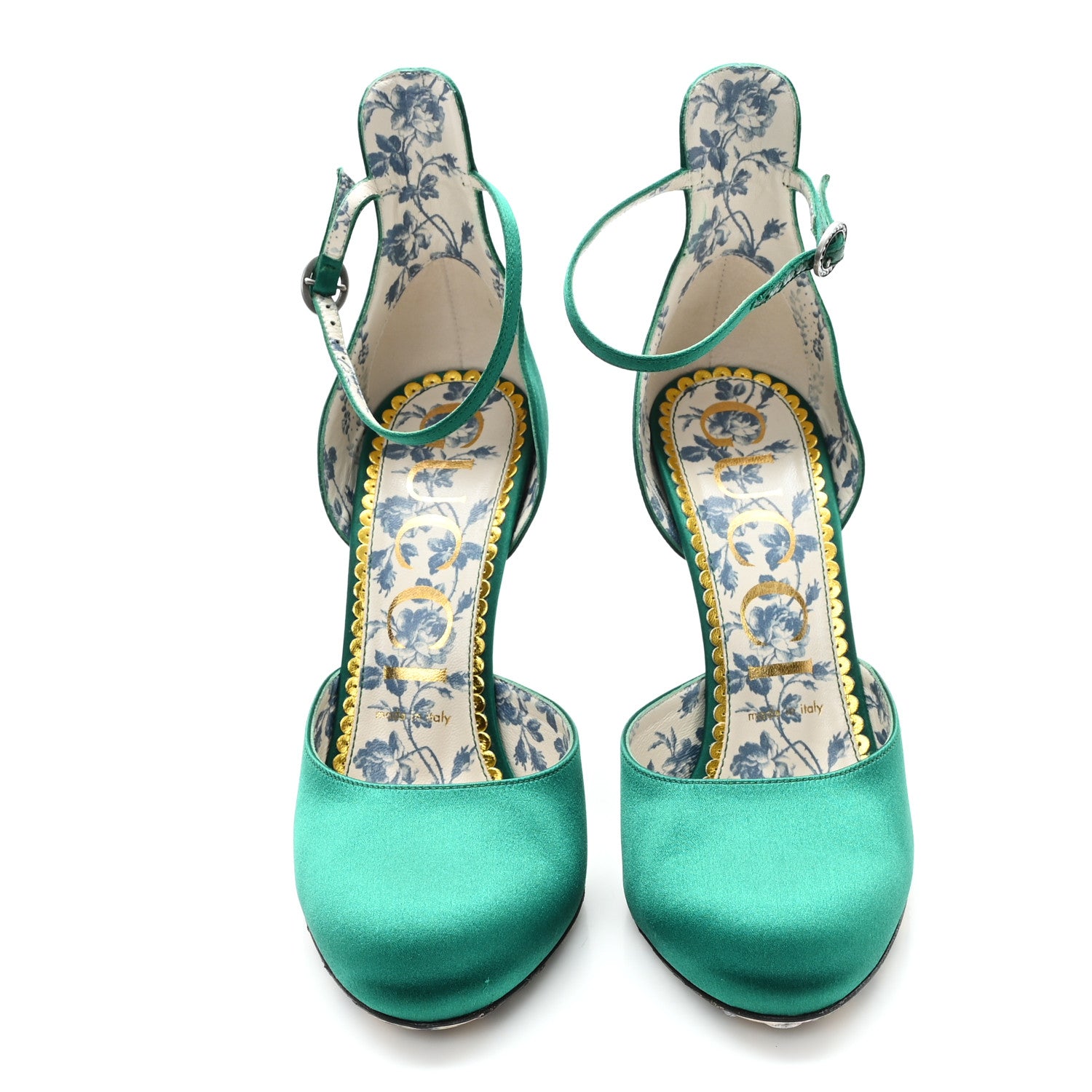 Gucci Satin Daisy Ankle Strap d'Orsay 105 Pumps 39 Emerald Green 3 of 9