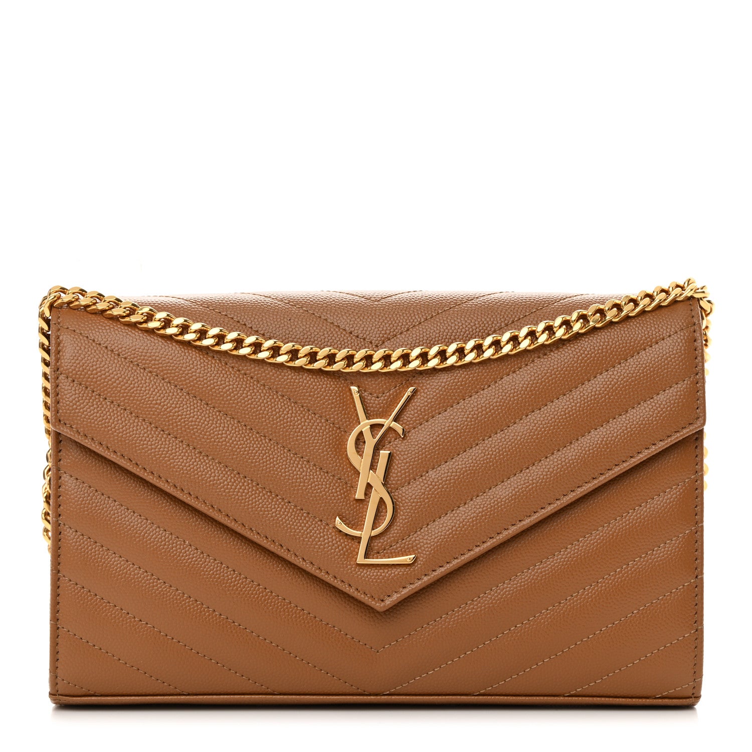Saint Laurent Grain De Poudre Matelasse Chevron Monogram Chain Wallet Dark Natural 1 of 11