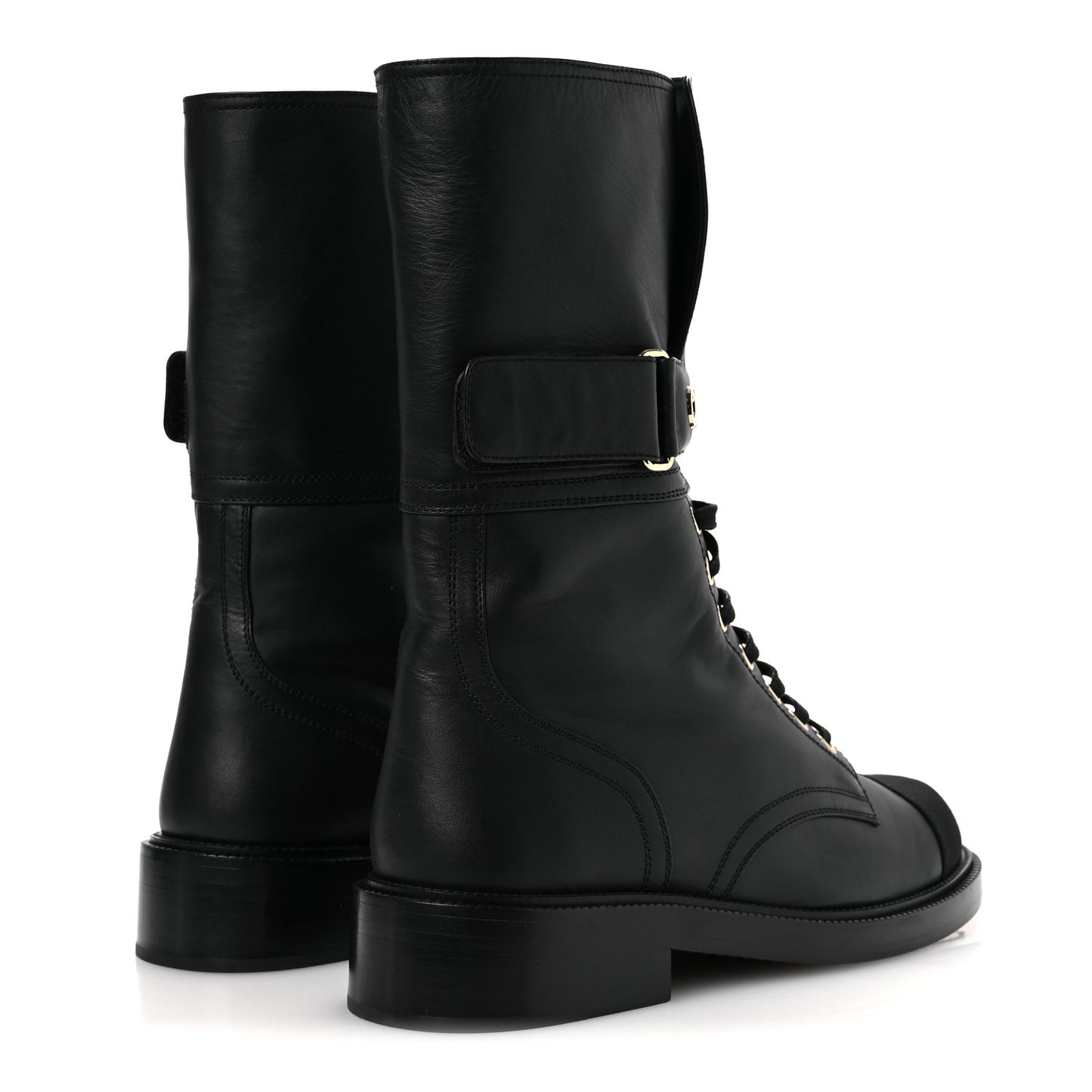 Calfskin Grosgrain Lace Up Combat Boots 38.5 Black