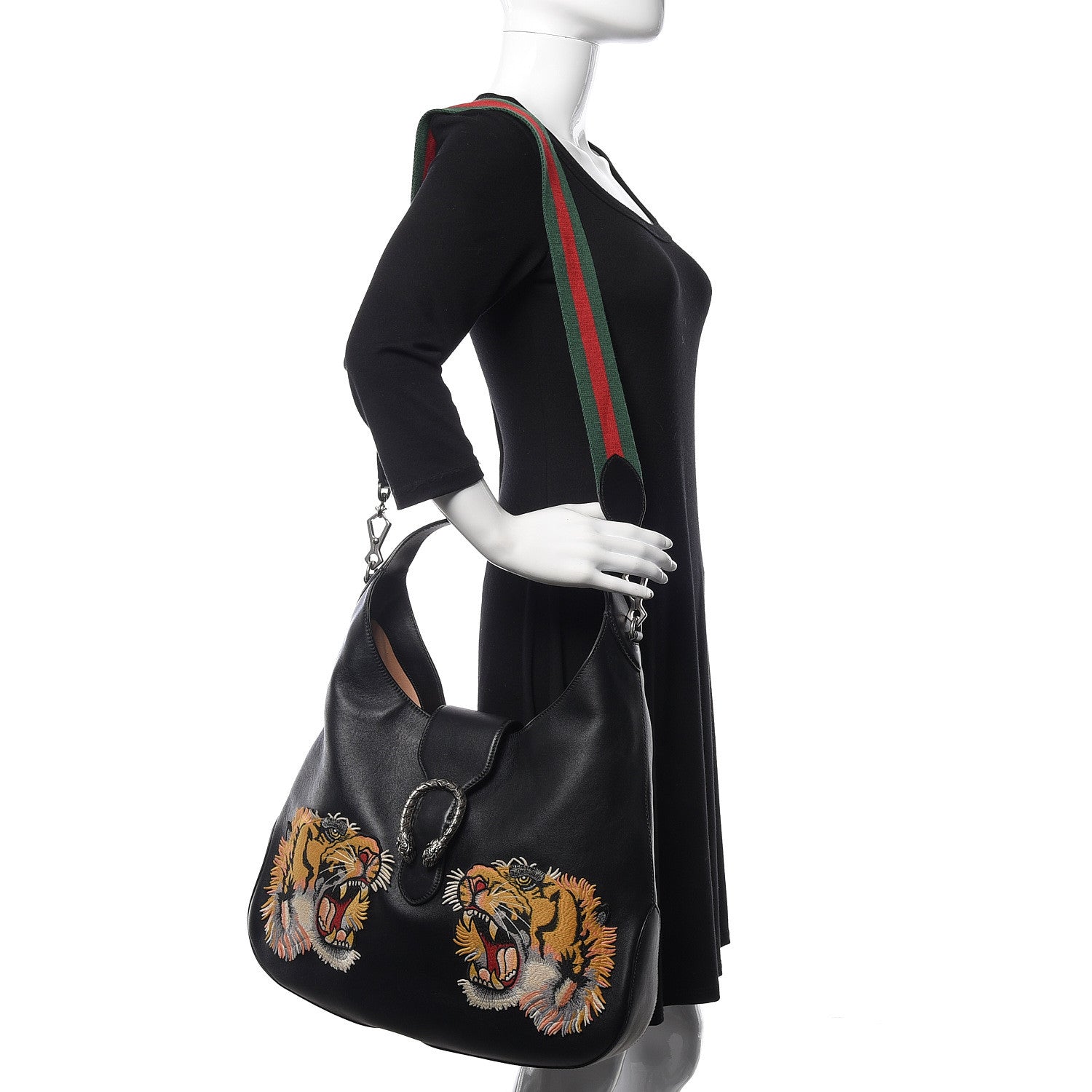 Gucci Calfskin Web Tiger Embroidered Large Dionysus Hobo Black 2 of 15