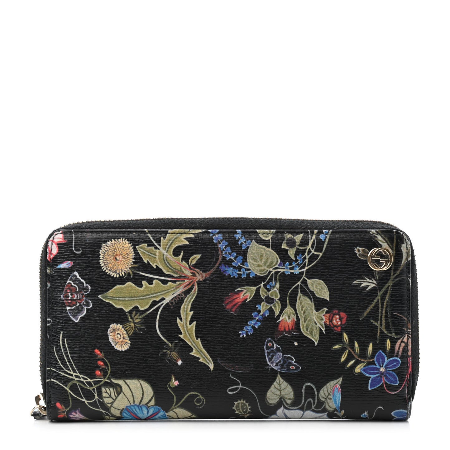 Shangai Calfskin Flora Knight Zip Around Wallet Black