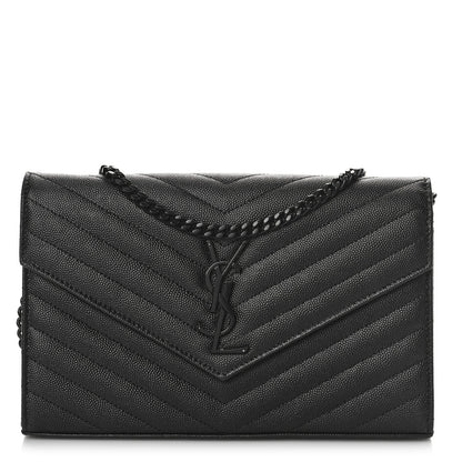 Saint Laurent Grain De Poudre Matelasse Chevron Monogram Monochrome Chain Wallet Black 1 of 10