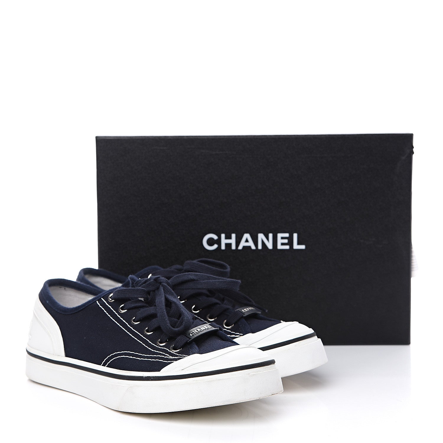 Chanel Canvas Lace Up Cap Toe Sneakers 39 Navy 14 of 14