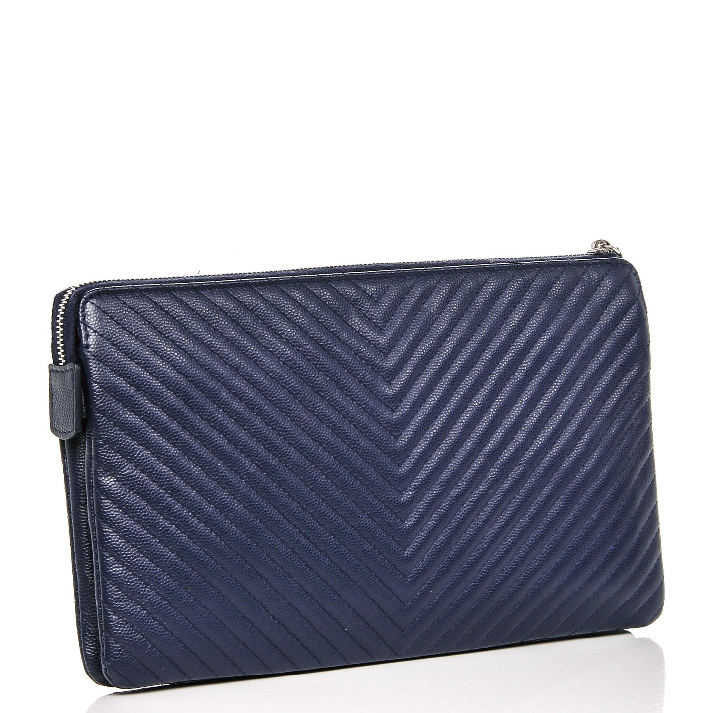 Caviar Chevron Quilted Large Zipped Clutch Navy