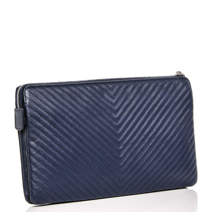 Chanel Caviar Chevron Quilted Large Zipped Clutch Navy 3 of 8