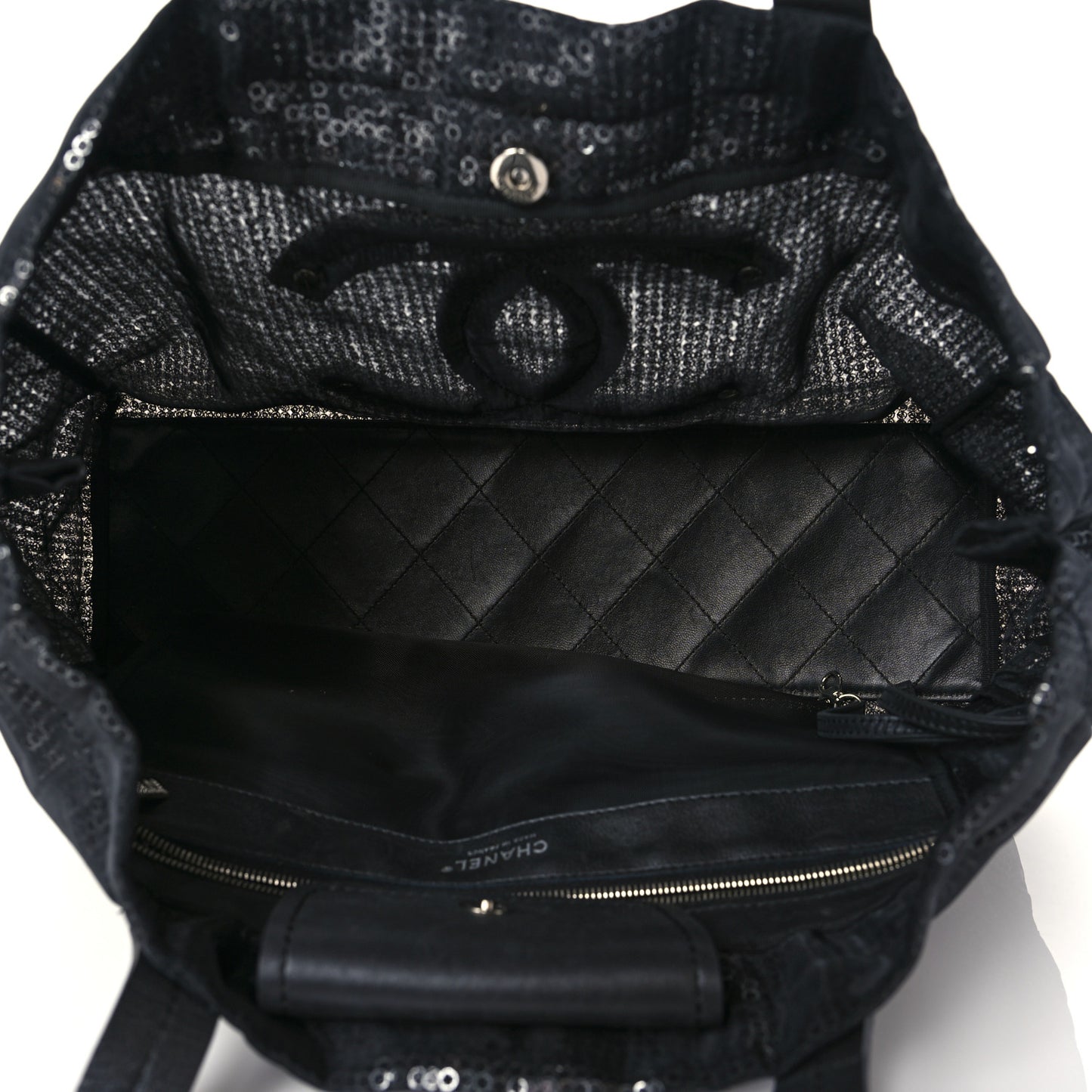 Calfskin Mesh Hidden Sequin CC Tote Black