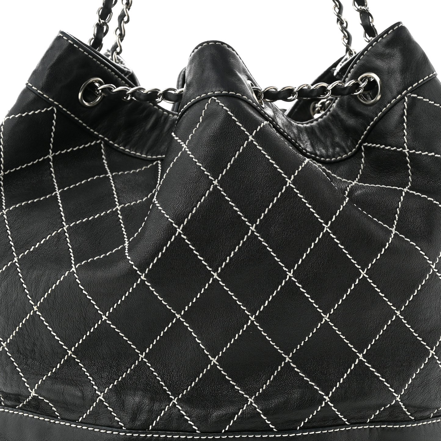 Lambskin Contrast Stitch Large Drawstring Tote Black