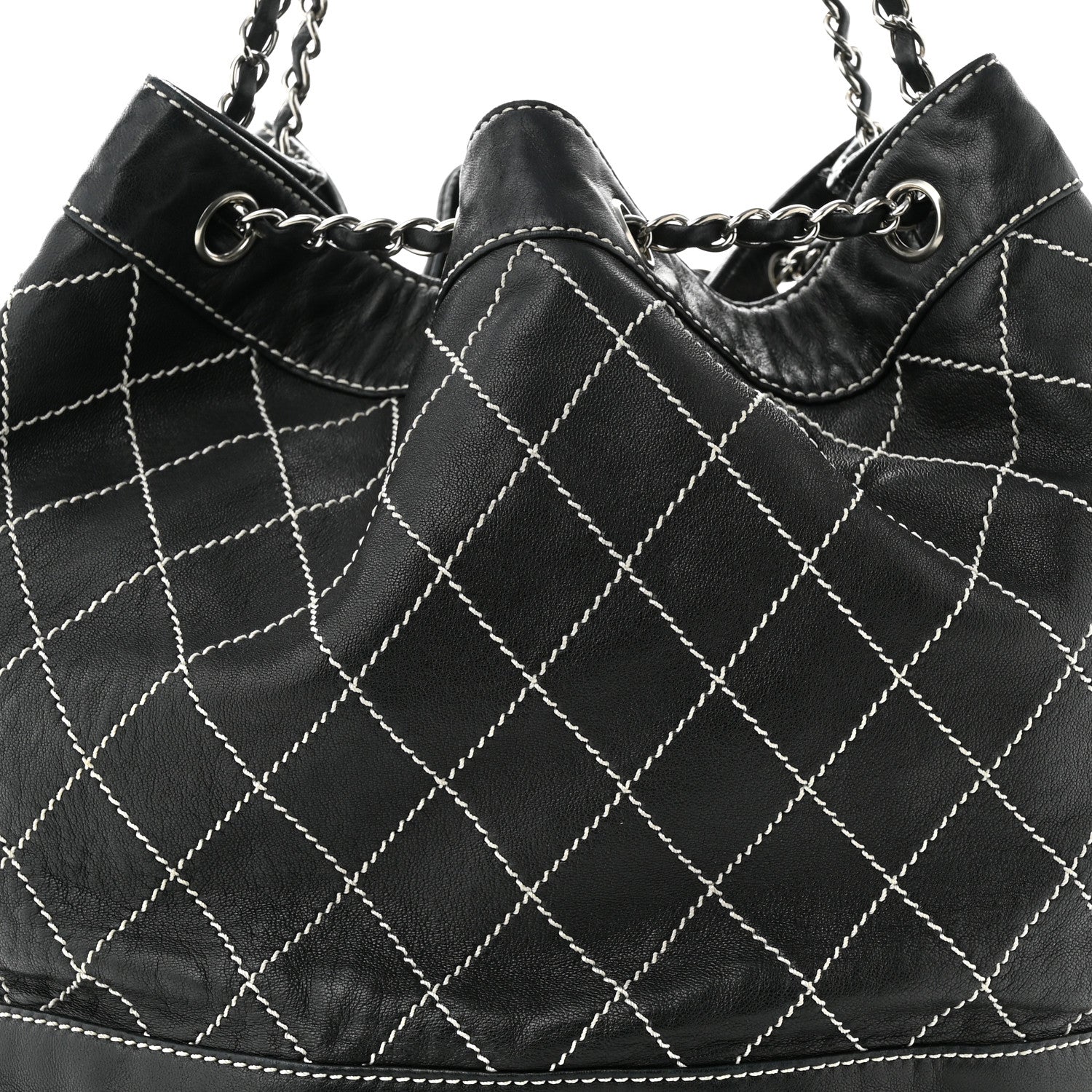 Chanel Lambskin Contrast Stitch Large Drawstring Tote Black 8 of 11