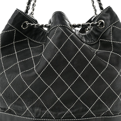 Chanel Lambskin Contrast Stitch Large Drawstring Tote Black 8 of 11