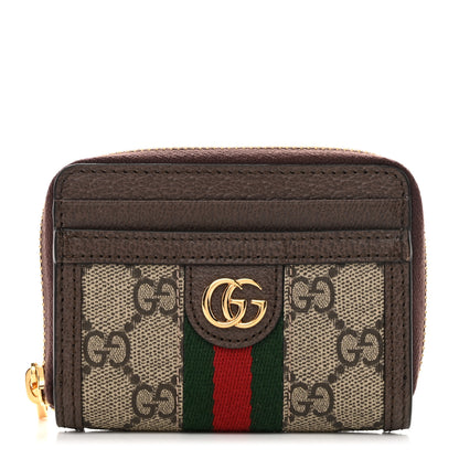 Gucci GG Supreme Monogram Textured Dollar Calfskin Web Ophidia Zip Around Card Case Wallet Beige Ebony New Acero 1 of 7