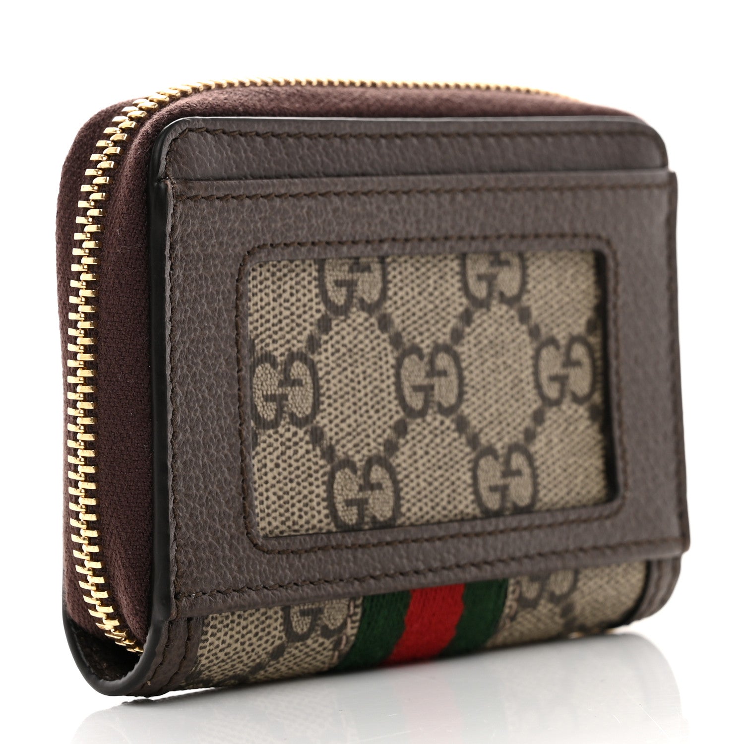 Gucci GG Supreme Monogram Textured Dollar Calfskin Web Ophidia Zip Around Card Case Wallet Beige Ebony New Acero 3 of 7