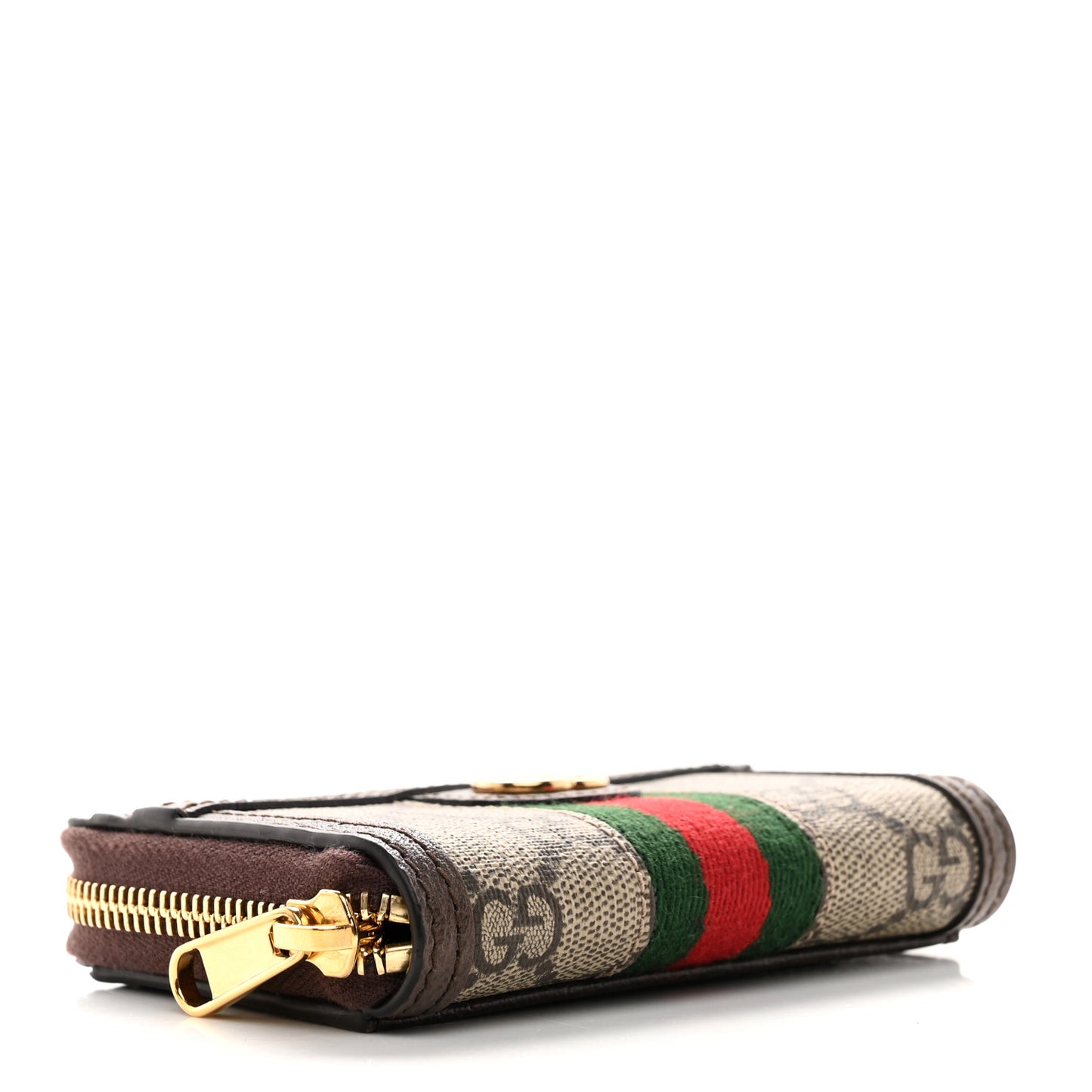 GG Supreme Monogram Textured Dollar Calfskin Web Ophidia Zip Around Card Case Wallet Beige Ebony New Acero
