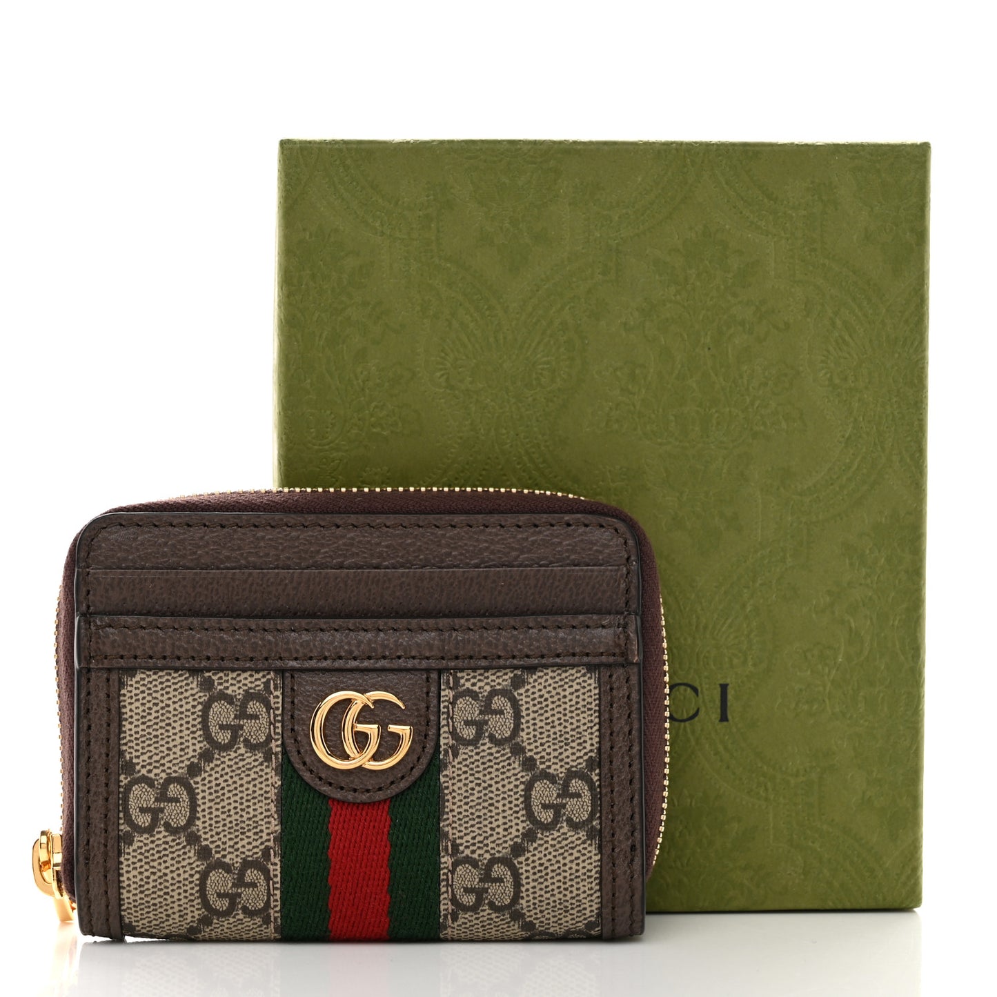 GG Supreme Monogram Textured Dollar Calfskin Web Ophidia Zip Around Card Case Wallet Beige Ebony New Acero