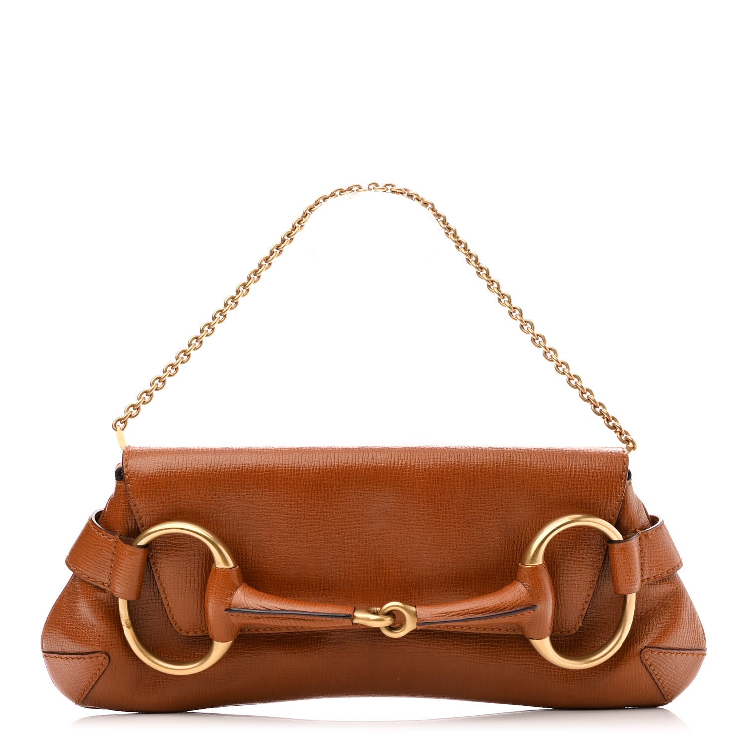 this is an image from FASHIONPHILE of a GUCCI Textured Calfskin Horsebit Chain Clutch in the color Cuir