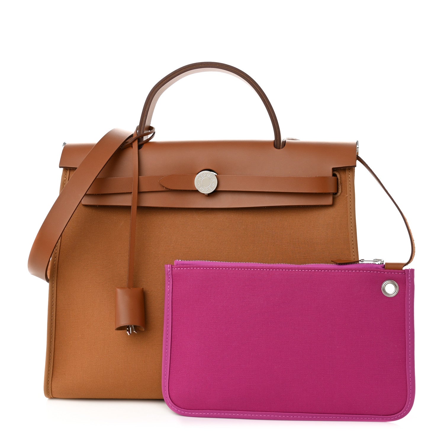 HERMES Toile Officier Vache Hunter Verso Herbag Zip PM 31 in the colors Dune Magnolia Fauve by fashionphile