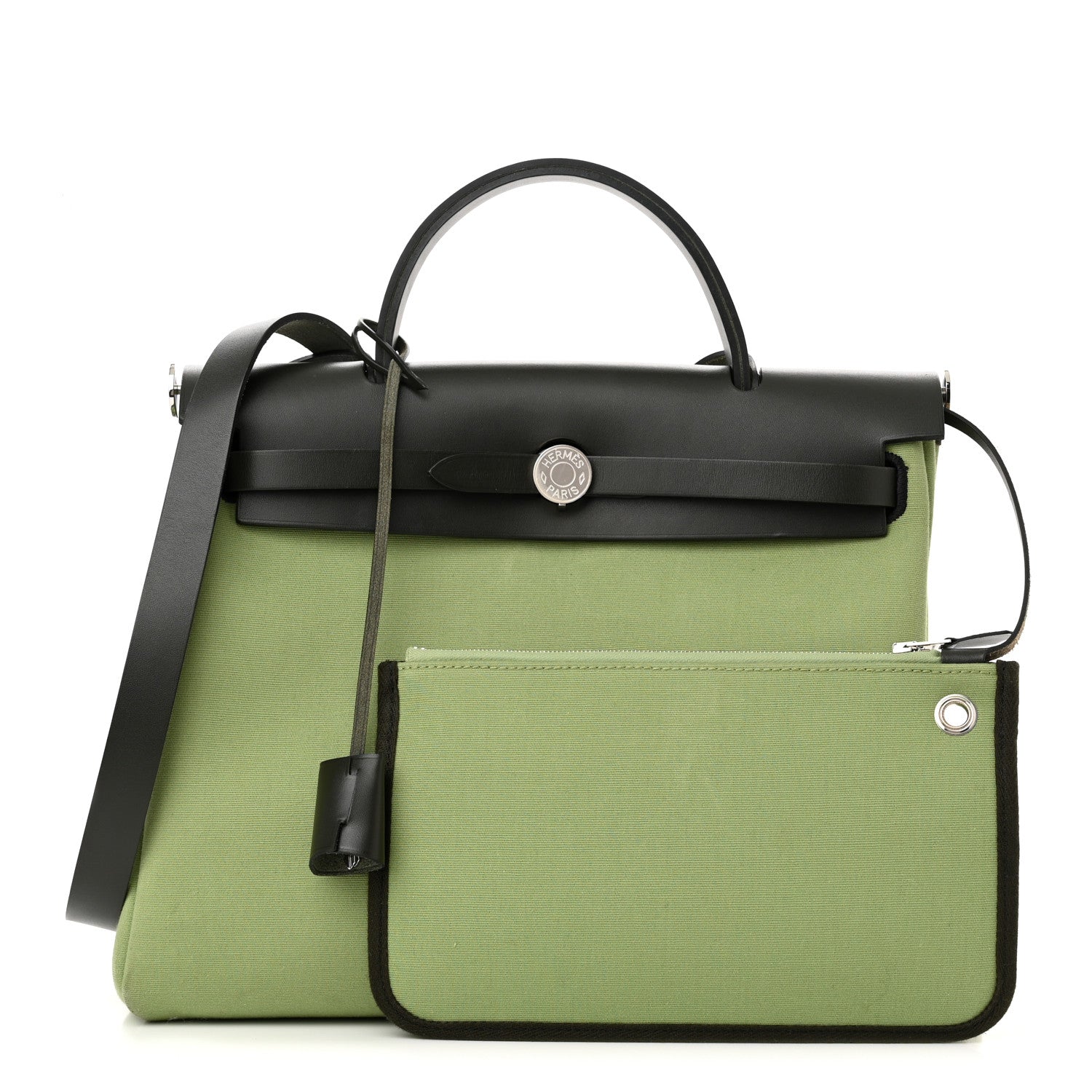 HERMES Military Toile Vache Hunter Herbag Zip Retourne size 31 PM in the colors Vert Criquet and Black