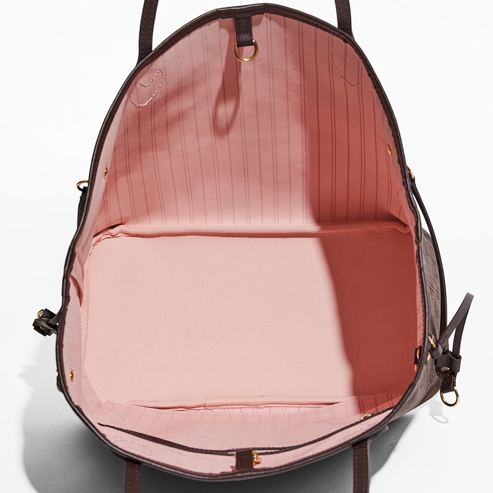 this is an image showing the inside view of an authentic damier ebene louis vuitton neverfull bag's interior lining by fashionphile