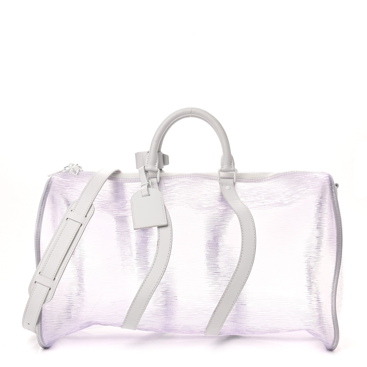 LOUIS VUITTON Epi Embossed PVC Keepall Bandouliere size 50 in the color White by fashionphile
