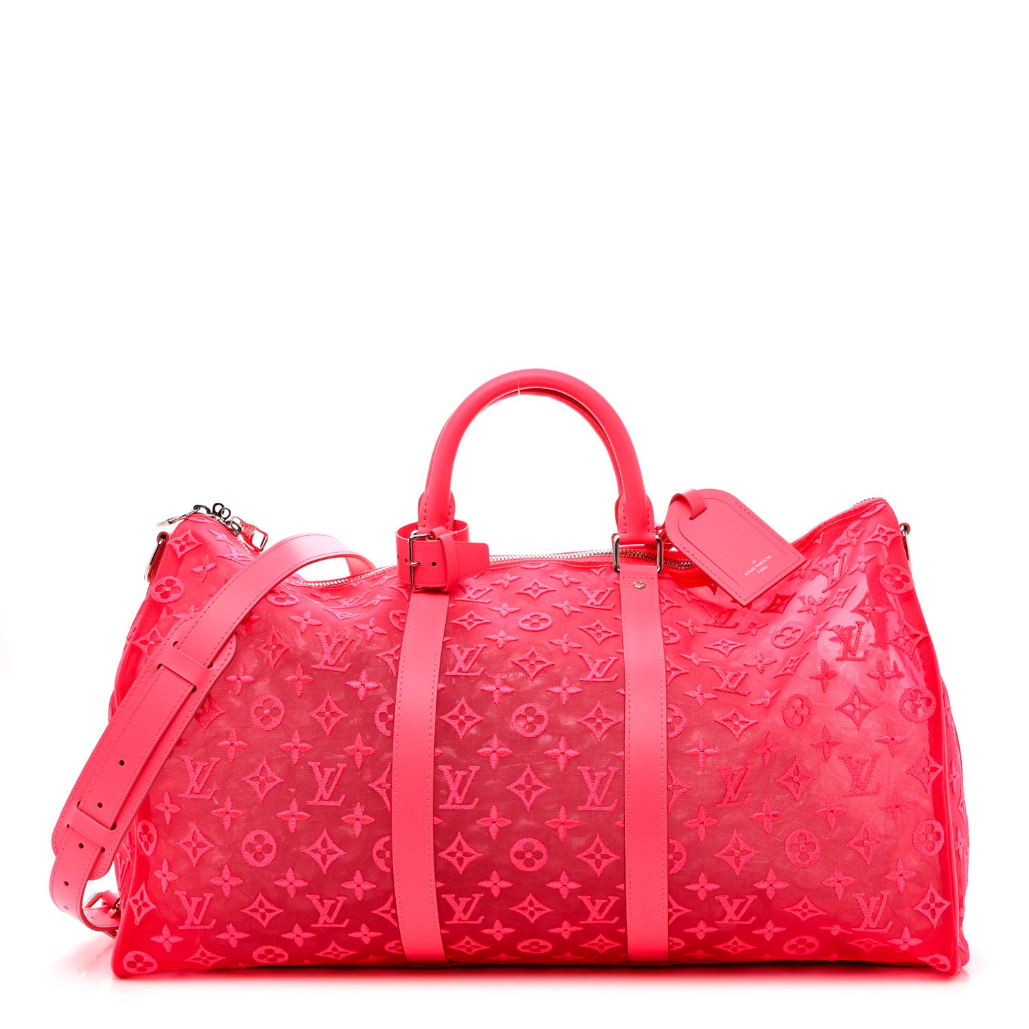 LOUIS VUITTON Mesh Monogram Fluo See Through Keepall Bandouliere in size 50 in the color Rose by fashionphile