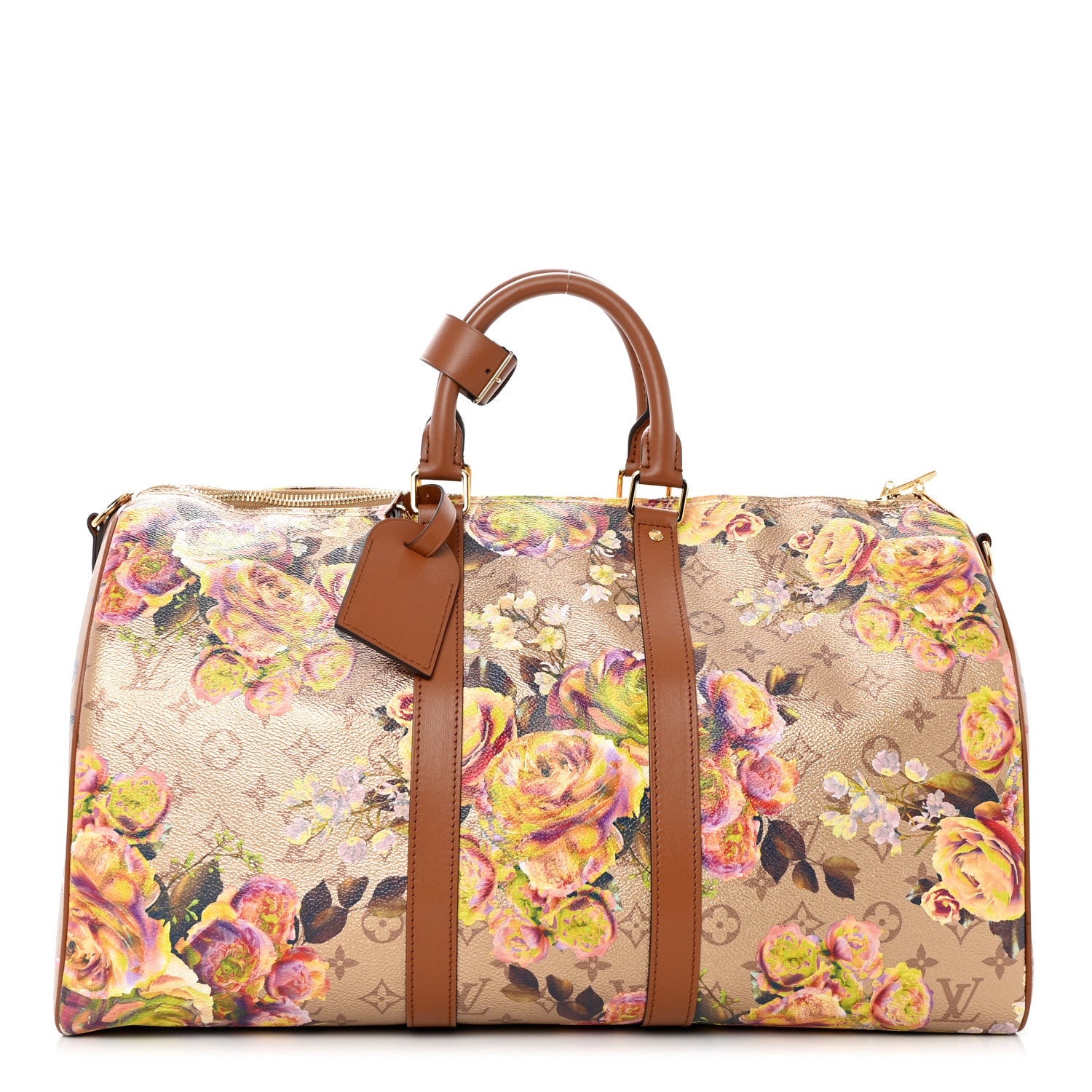 LOUIS VUITTON Metallic Monogram LV Garden Keepall Bandouliere in size 45 in the color Gold by fashionphile