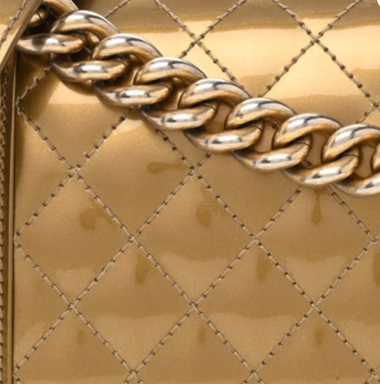 close up image of chanel quilted metallic patent leather FASHIONPHILE