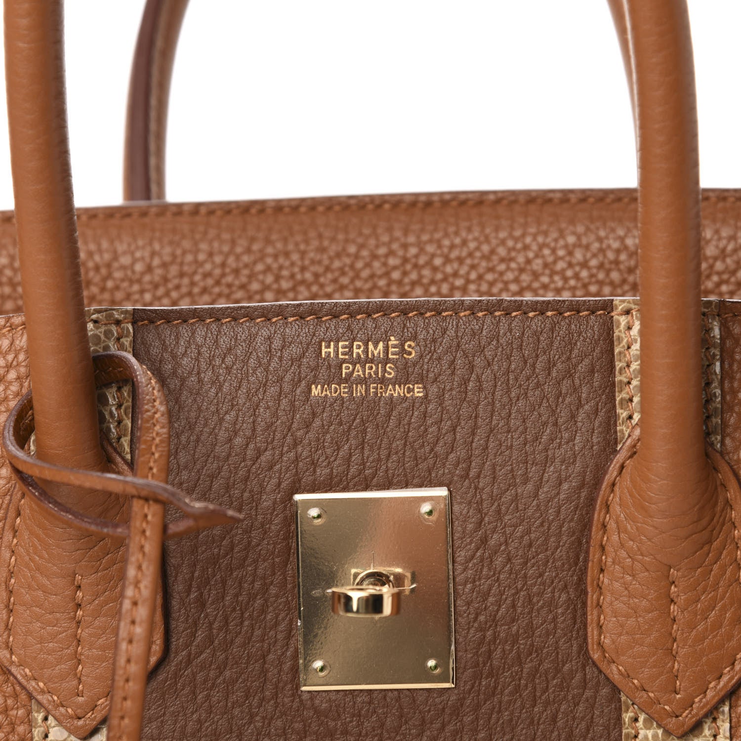 close up product image of hermes permabrass hardware on Birkin FASHIONPHILE