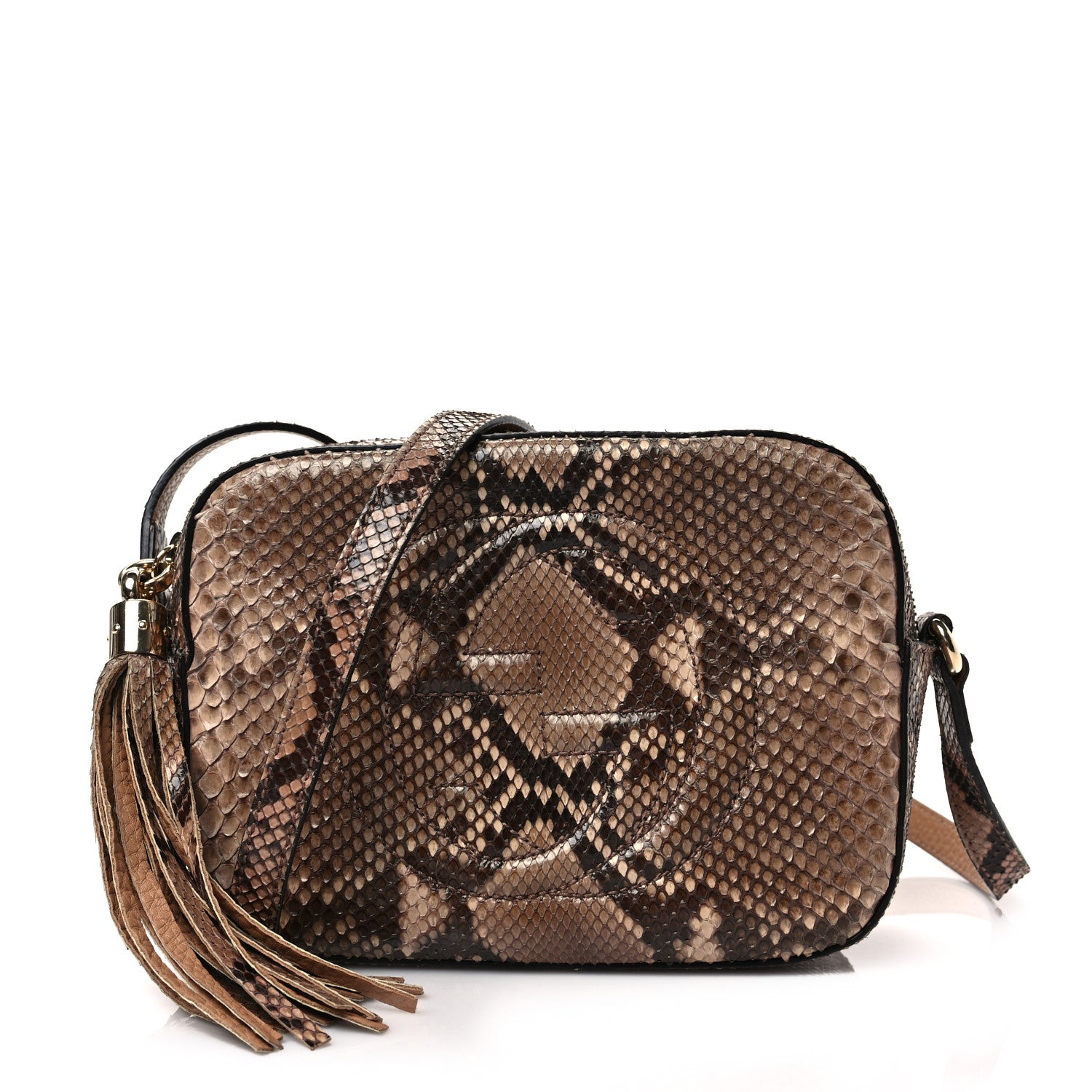 this is an image by fashionphile of a python gucci soho disco bag in the colors white, but brown, and beige