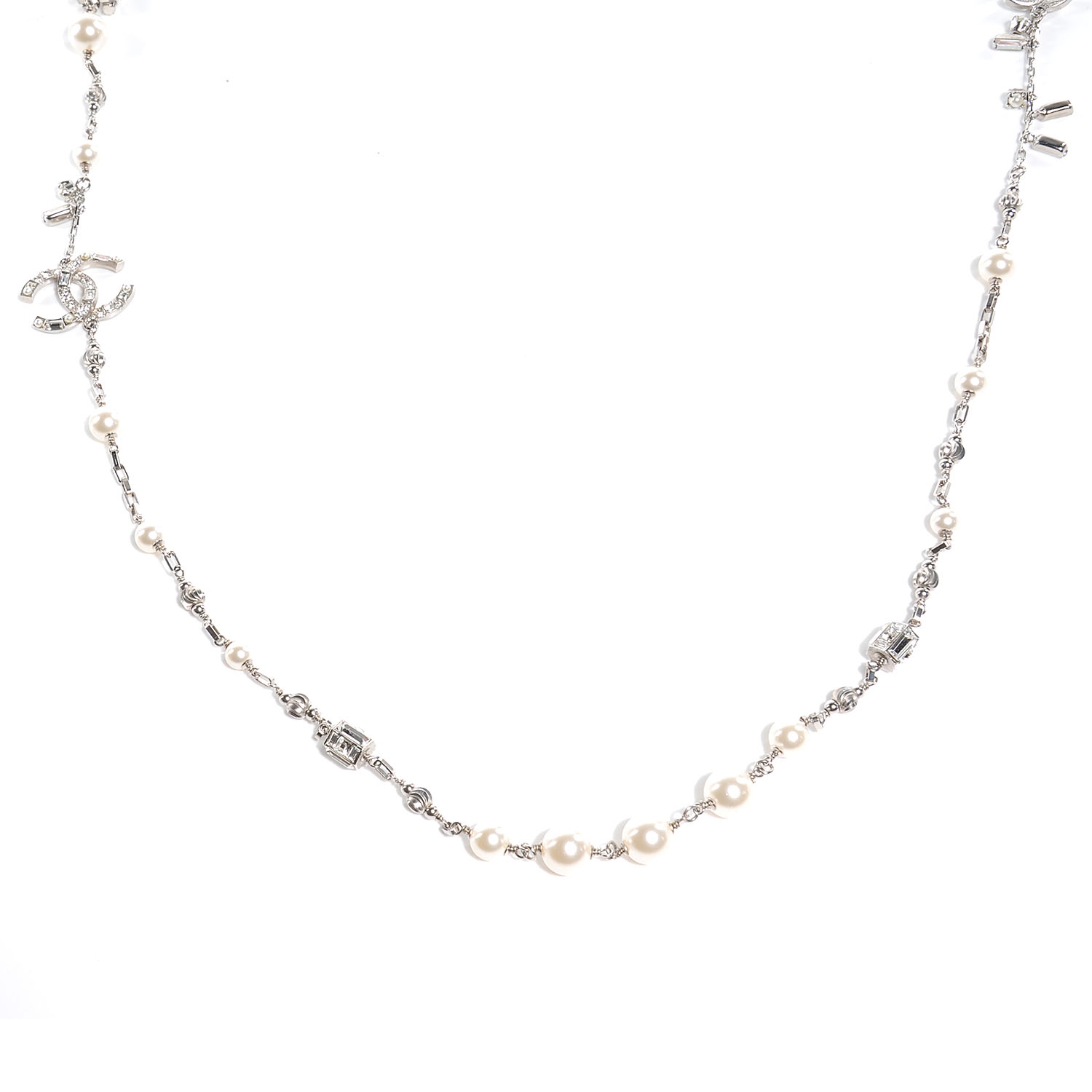 CHANEL Crystal Pearl CC Long Necklace Silver 52601