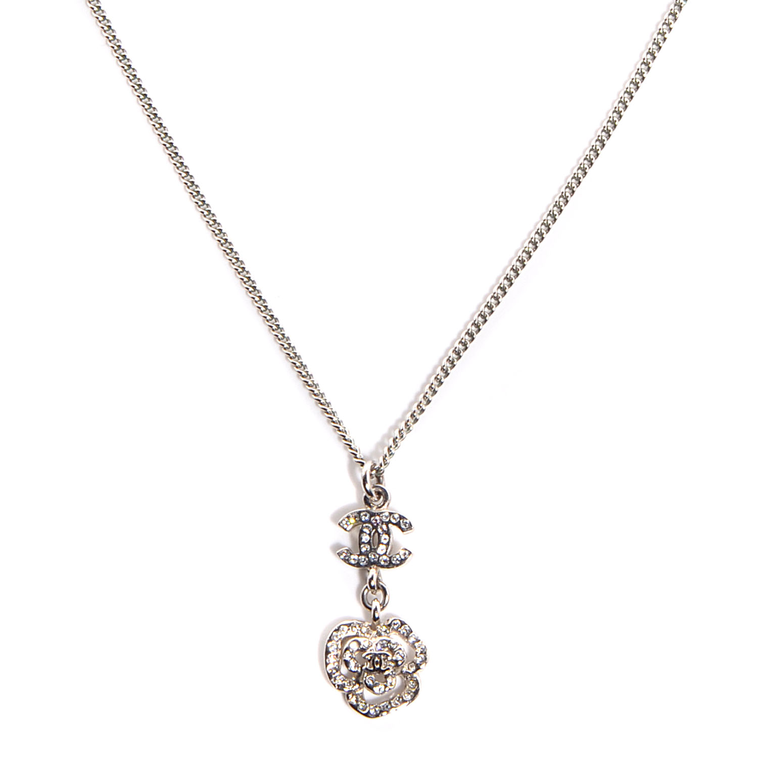 Chanel Crystal CC Camellia Necklace Silver 75069
