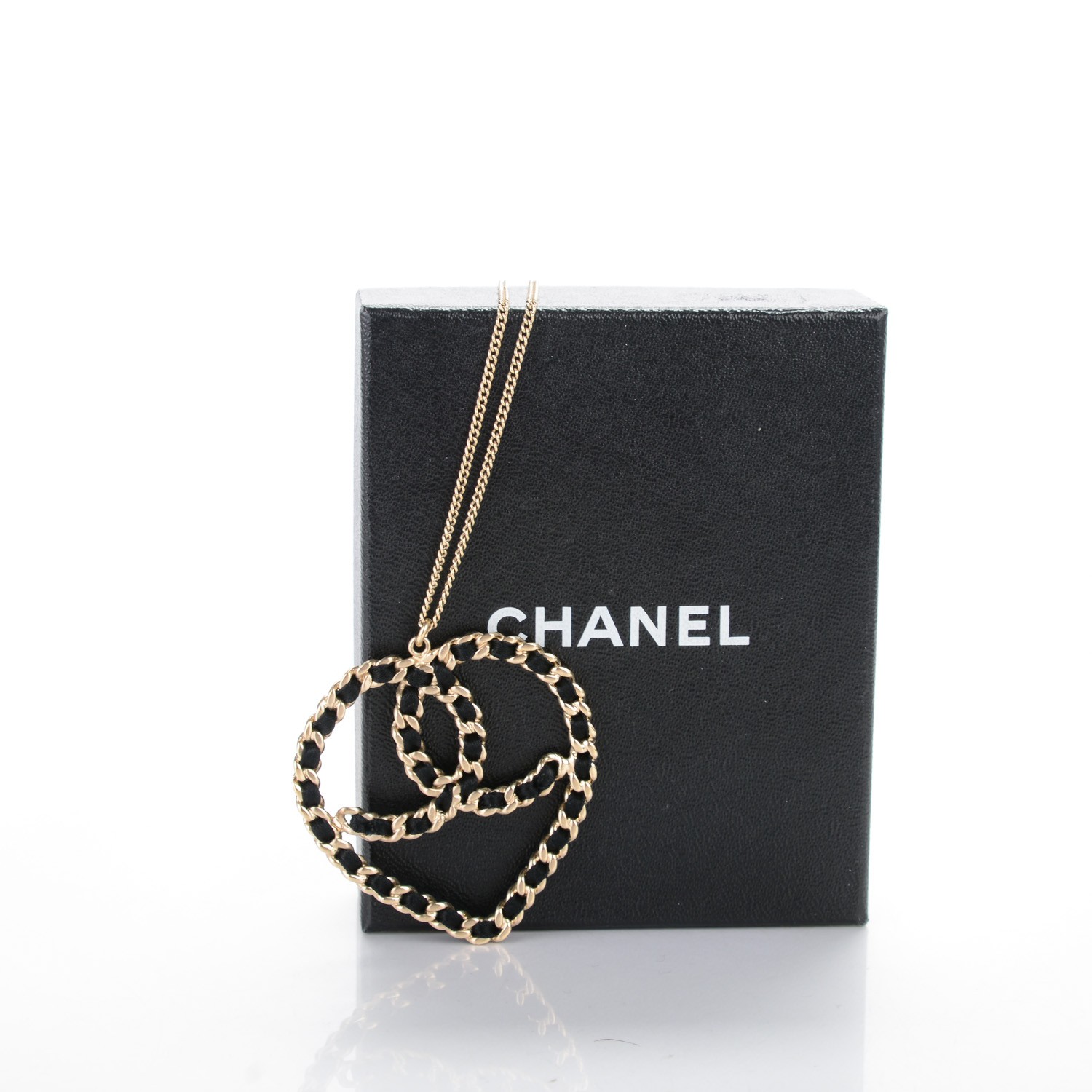CHANEL Satin CC Heart Chain Necklace Black Light Gold 151237