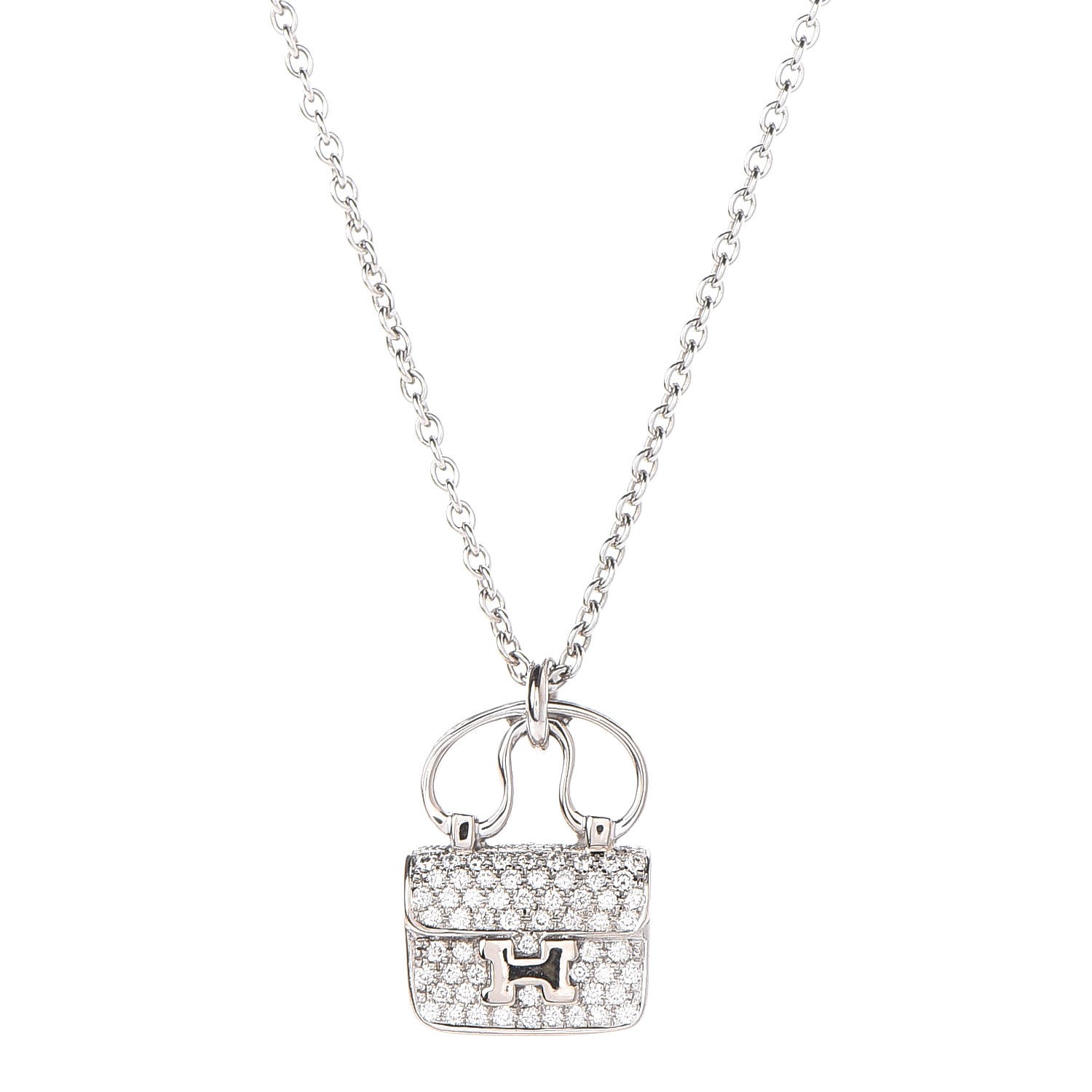 HERMES 18K White Gold Diamond Constance Amulette Pendant Necklace 317676