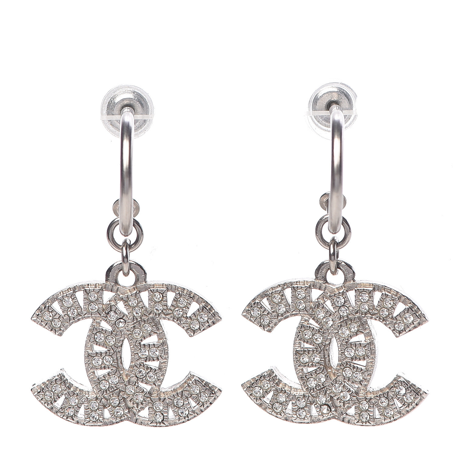 CHANEL Crystal Pearl CC Dangle Earrings Silver 460208