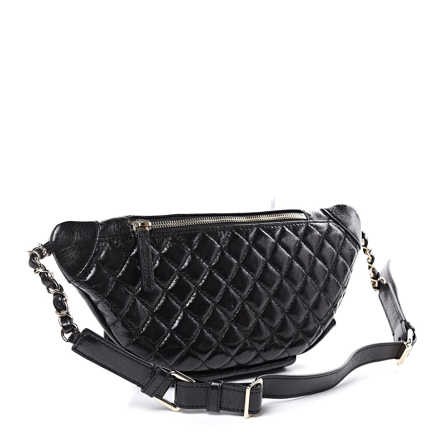 CHANEL Crumpled Glazed Lambskin Quilted Waist Bag Fanny Pack Black 466020