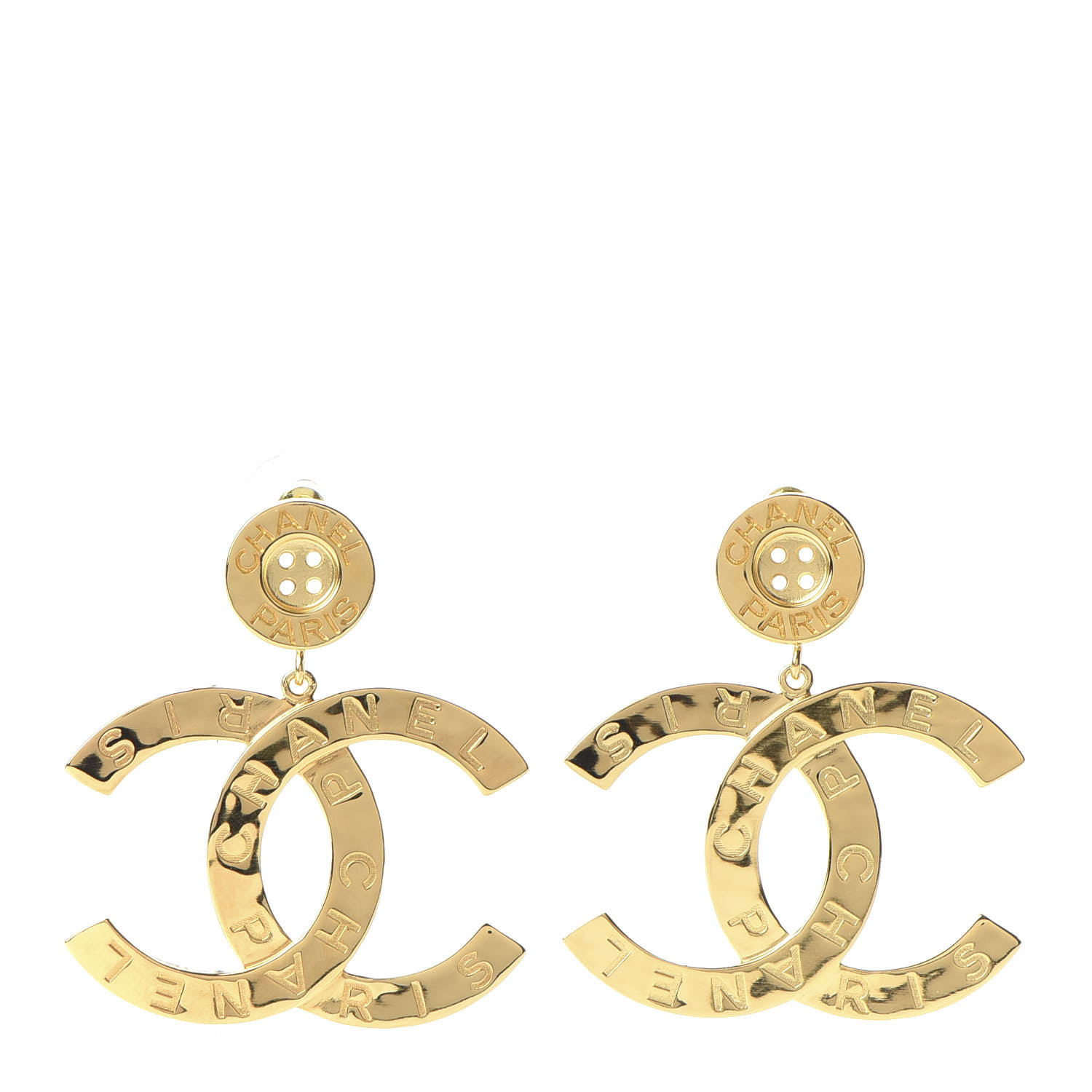 CHANEL Metal Large Paris Button Earrings Gold 693137 | FASHIONPHILE
