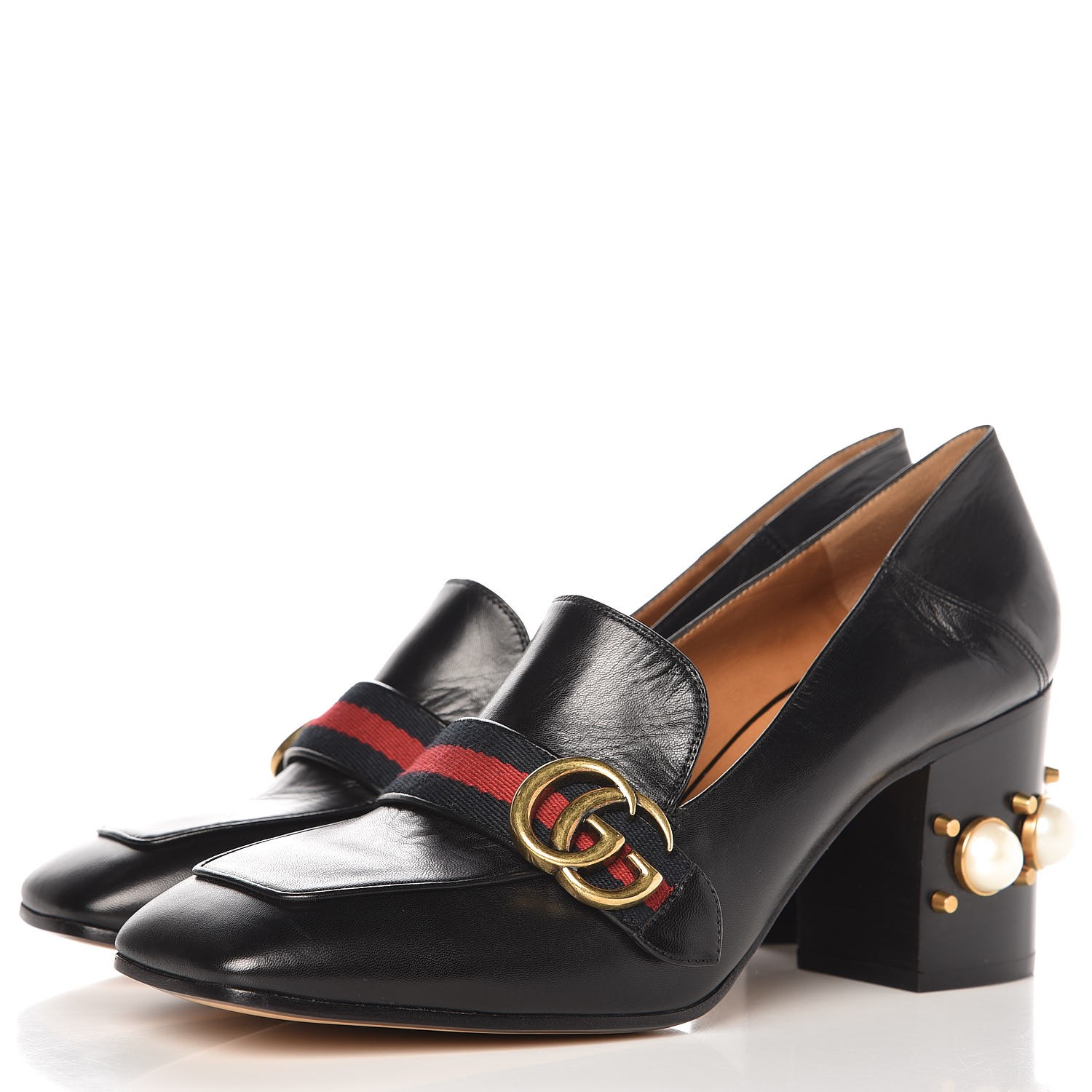 GUCCI Calfskin Web Pearl Embellished Peyton Loafer Pumps 41 Black 270911