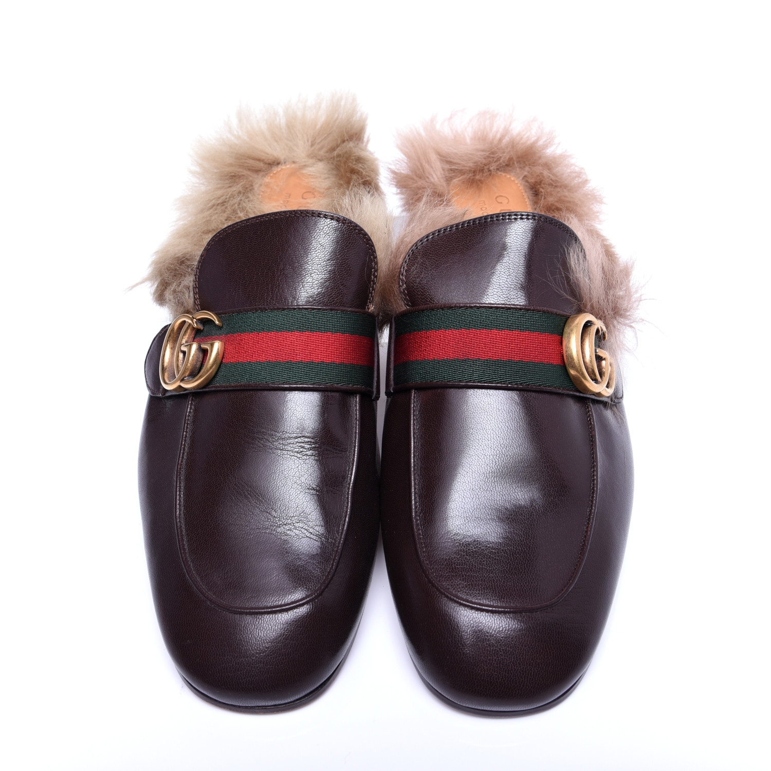 GUCCI Calfskin Fur Mens Princetown Web Double G Slippers Slides 7.5 ...