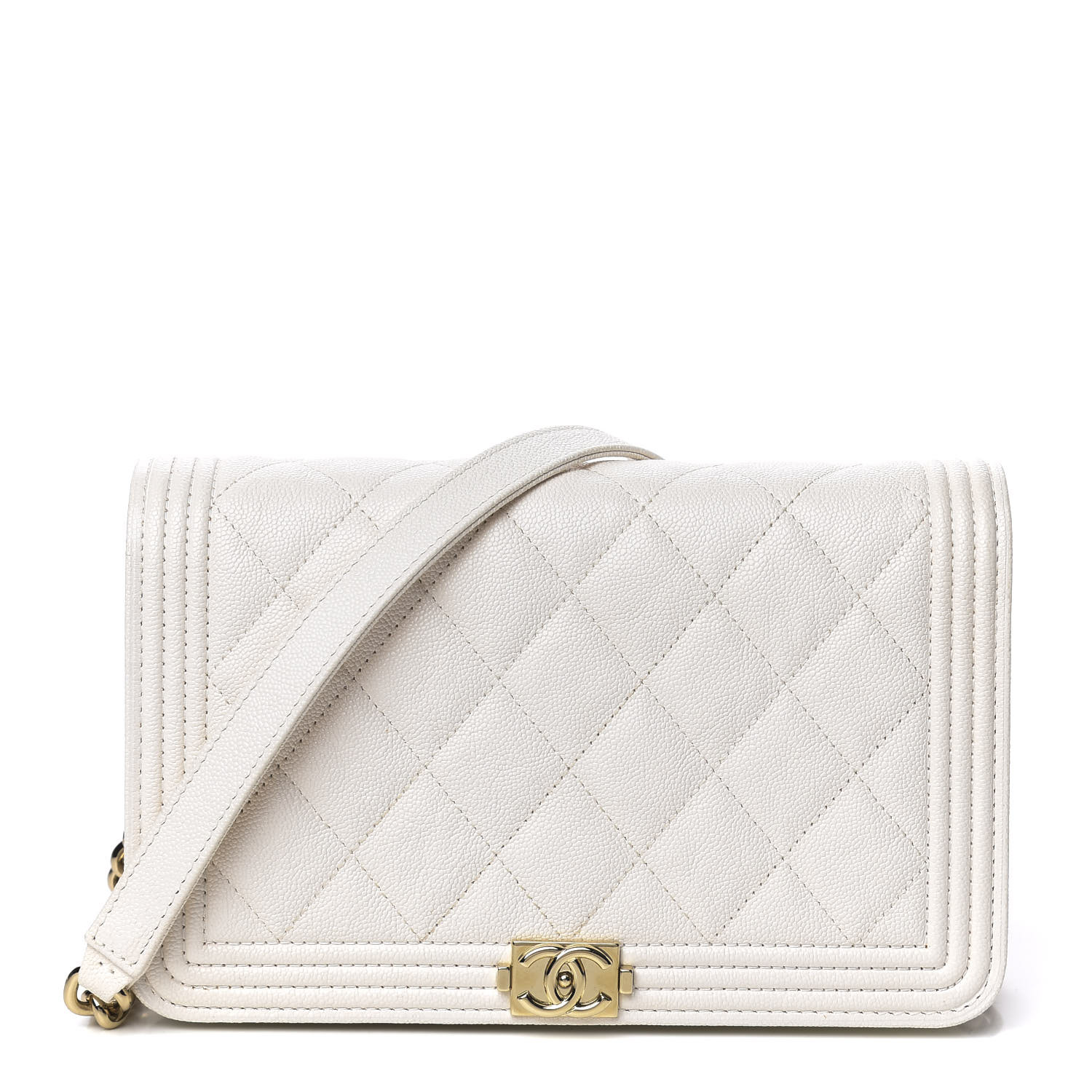 CHANEL Caviar Quilted Boy Wallet On Chain WOC White 602055